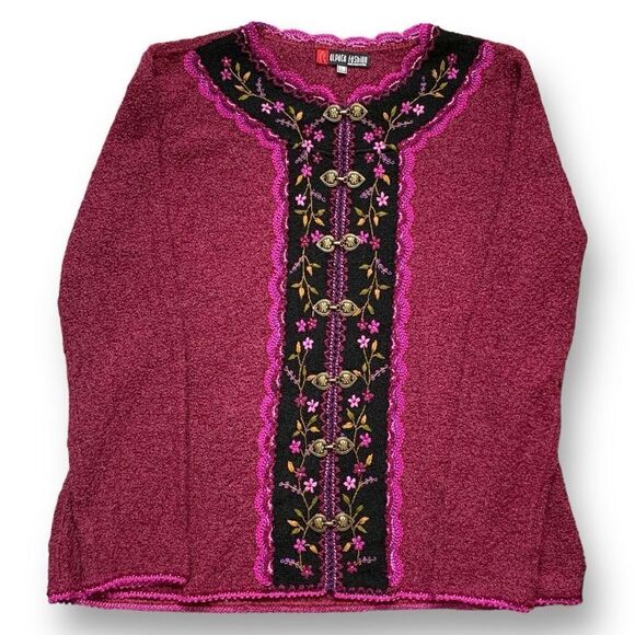 Alpaca Fashion Embroidered Cardigan Sweater Bright Pink Dark Floral Pattern Knit - Picture 1 of 10